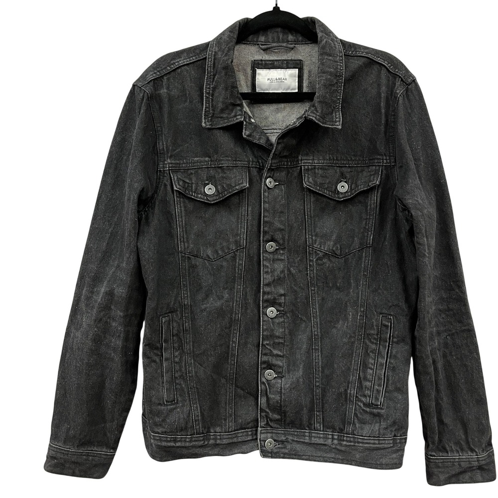 Pull & Bear Black Denim Jacket Trucker Washed Grunge Indie L Minimalist Capsule - Picture 2 of 12